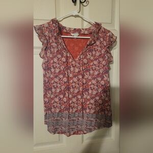 Lucky Brand Red and White Ruffled Sleeveless Blouse